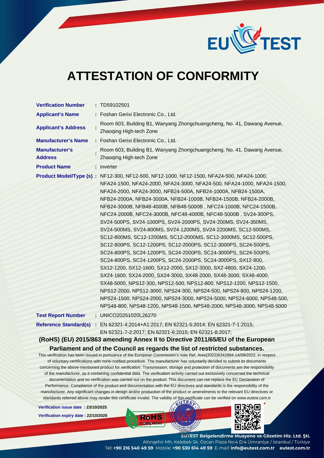 Gerixi RoHS verification document