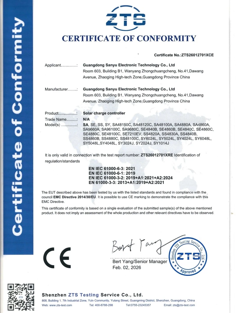 ZTS CE certificate of conformity for solar charge controller