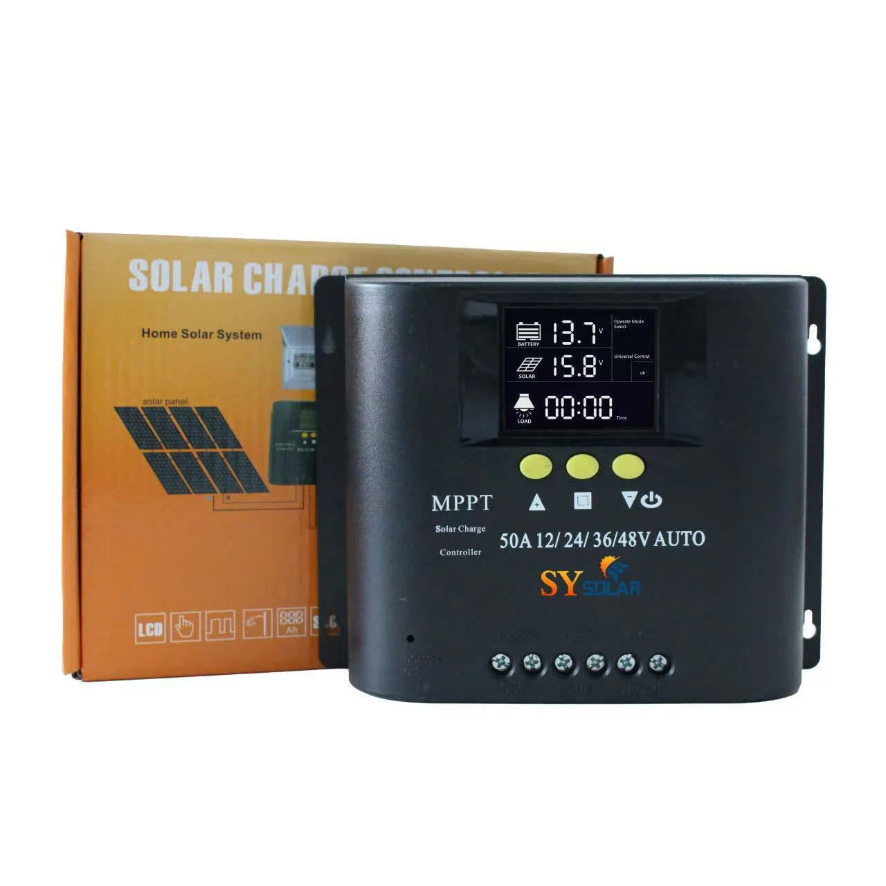 SY4840B / SY4850B / SY4860B solar charge controller with retail packaging