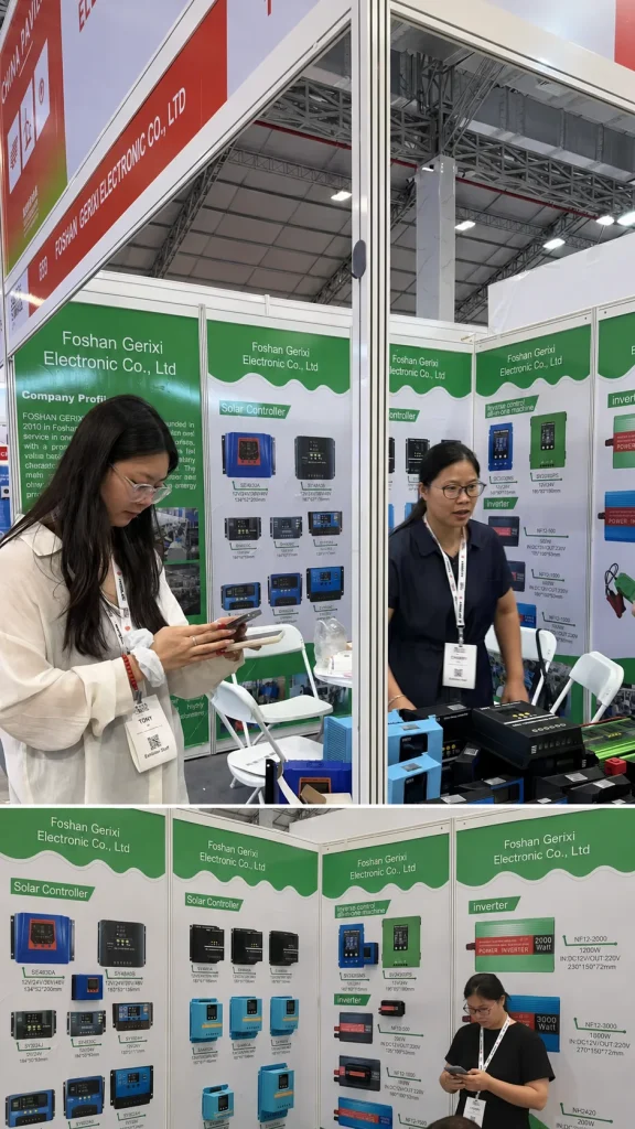 Gerixi team presenting solar charge controllers and power inverters at an international exhibition