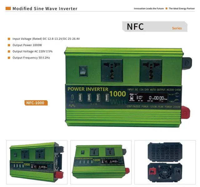 NFC-1000 1000W Modified Sine Wave Inverter – 12V/24V DC Input, 220V AC Output - Gerixi solar charge controller
