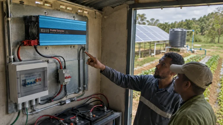 Technicians checking an inverter and battery system for an off-grid agricultural site