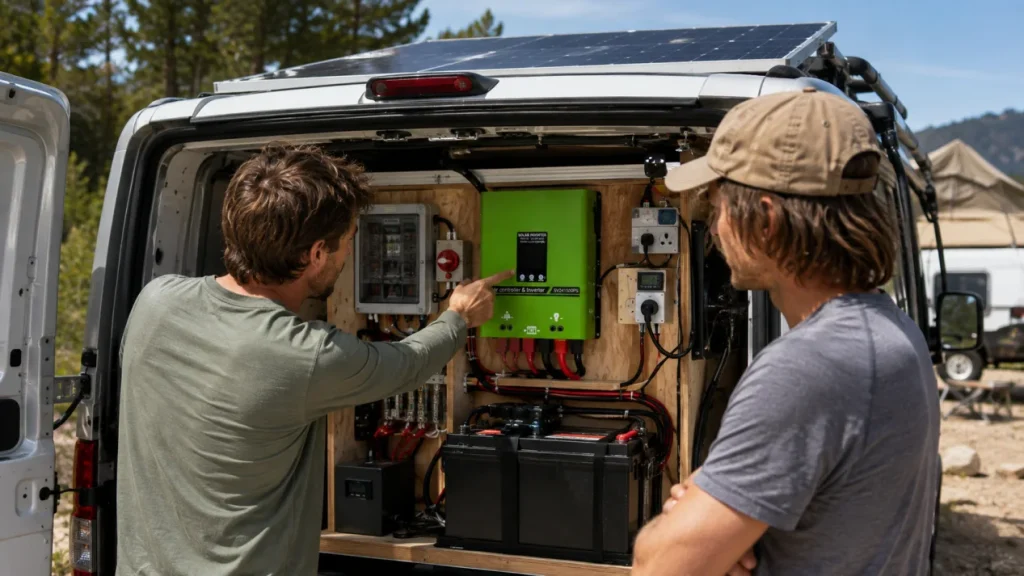 Technicians inspecting a vehicle solar inverter and battery storage installation