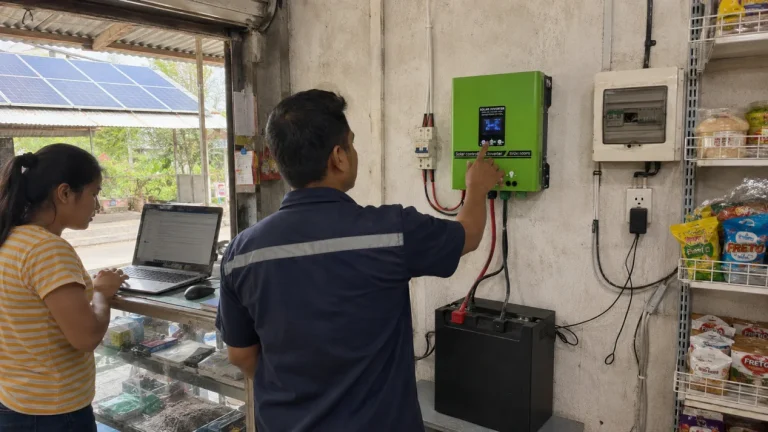 Technician commissioning a wall-mounted inverter and battery backup system in a small shop