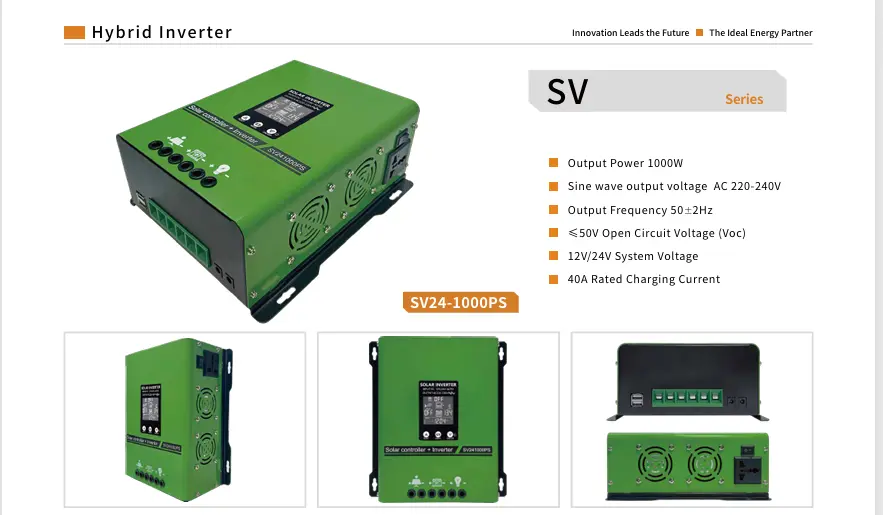 SV24-1000PS solar inverter showing display cooling fans AC outlet and USB ports