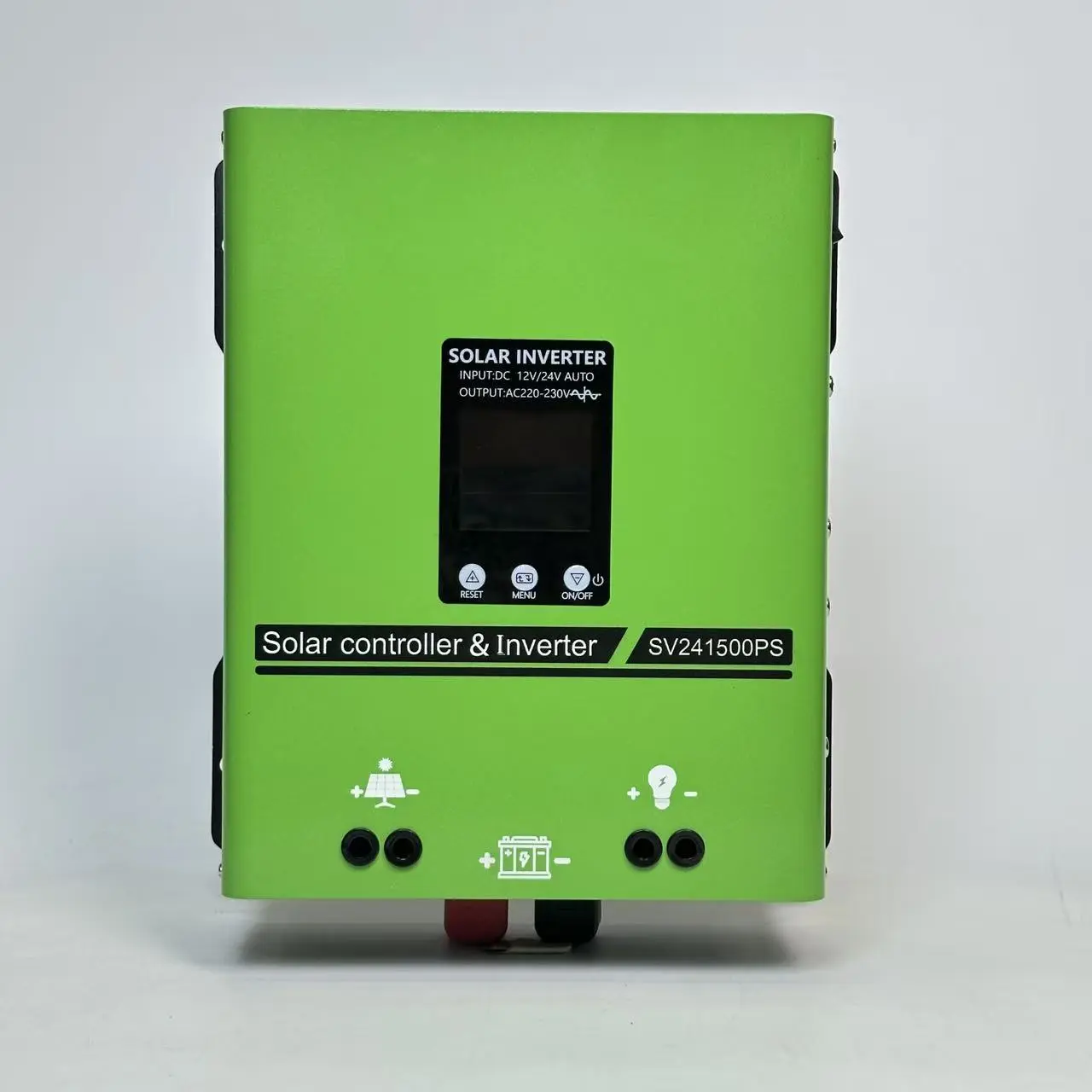 SV241500PS green solar inverter front view with display controls and battery terminals
