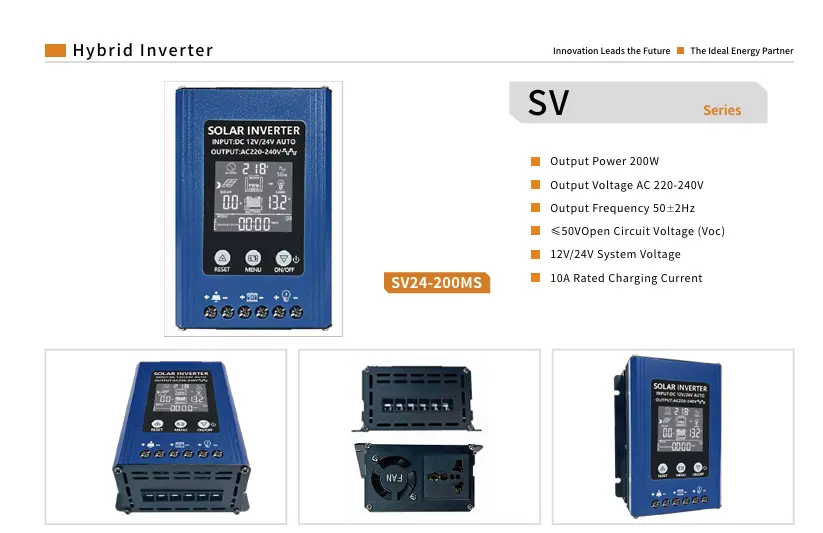 SV24-200MS 200W solar inverter with display terminals and AC outlet views