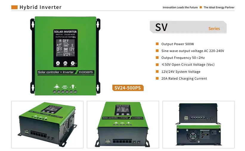 SV24-500PS green solar inverter with digital display AC outlet and USB ports