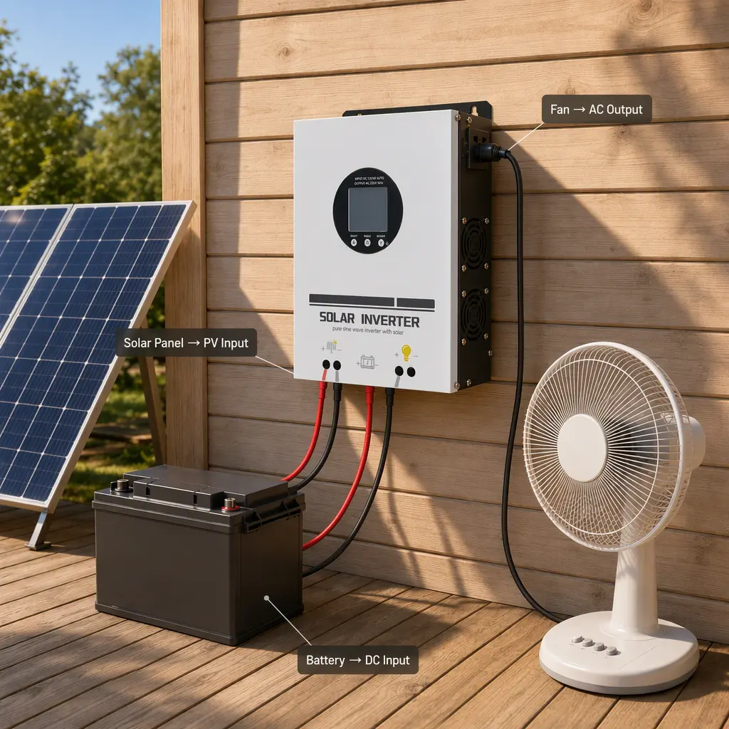 Illustrated SV242000PS solar inverter application with solar panel battery and AC fan